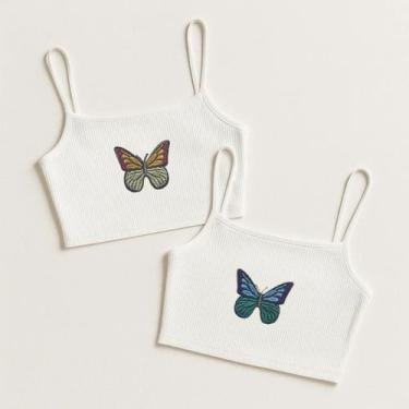 Imagem de Kit 2 Top Cropped de Alcinha Canelado com Borboleta Bordada - Branco -