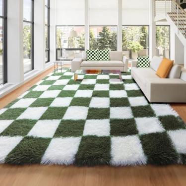 Imagem de KICMOR Tapetes de área de 20 x 25 cm para sala de estar, tapete grande macio e fofo quadriculado grande felpudo para quarto, verde oliva e branco, tapete de pelúcia para crianças, meninos, meninas