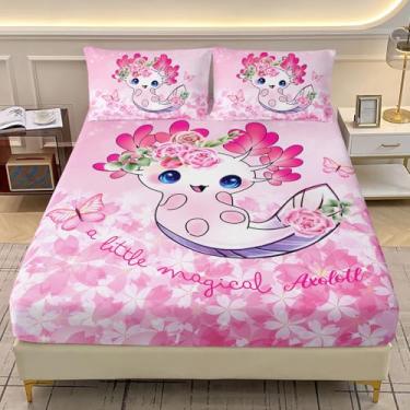 Imagem de AILONEN Jogo de lençol solteiro kawaii, axolote com desenho animado de axolote floral, borboleta, rosa, 3 peças, 1 lençol com elástico e 2 fronhas, macio
