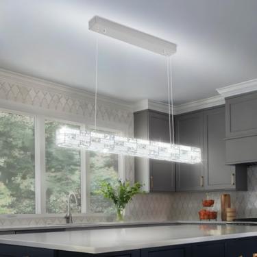 Imagem de WOSOHYUN Lustre De Cristal Moderno 31,5", Pendente Retangular Prateado, Altura Ajustável, Luminária Luxo Regulável Para Sala Jantar, Ilha Cozinha, Estar