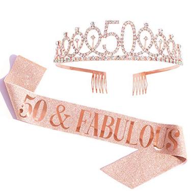 Imagem de Conjunto de faixa e tiara de strass "50 and Fabulous" - Faixa de aniversário de 50 anos, 50 lembrancinhas de festa, 2 Piece Set, Tecido
