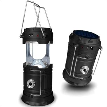 Imagem de Lampião Retrô de Camping Lanterna LED 2 em 1 Recarregável com Luz Solar Luminária Portátil de Multiuso para Acampamento Pesca Trilhas com Carregador USB de Design Premium (Preto)