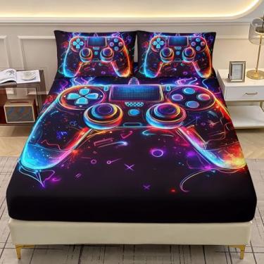 Imagem de AILONEN Jogo de lençol solteiro com elástico, controle de videogame colorido, para amantes de jogos, console de jogos 3D, lençol com elástico preto + 2 fronhas, 3 peças