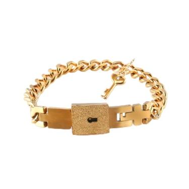 Imagem de Pulseira feminina com trava de ouro amarelo 14K com chave, conjunto de casais, colar, pulseira, formato de coração, gargantilha cubana, pulseira de cadeado e chaveiro, colar de cadeado e chaveiro para