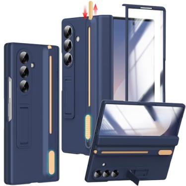 Imagem de YQODSZ Capa para Samsung Galaxy Z Fold 6 com suporte para caneta S e caneta Stylus, Z Fold 6 porta-canetas com suporte Z Fold 6 capa de dobradiça cobertura total para Z Fold 6 azul escuro