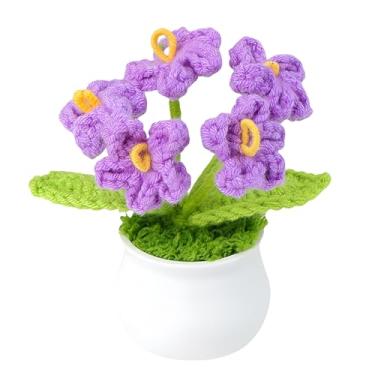 Imagem de JWlock Mini vaso feito à mão - flores artificiais de crochê tricotadas à mão para mesa de escritório, painel de carro e mesa de casa - Presente de planta sintética minúscula, sem manutenção (roxo)