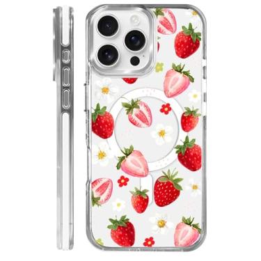 Imagem de OKBUOK Capa para iPhone 16 Pro Max [compatível com Magsafe], capa magnética transparente de silicone à prova de choque com padrão de morango e girassol