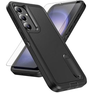 Imagem de Capa de celular para Samsung Galaxy S24 Plus/S25 Plus S24+ S25+ 5G com protetor de tela, suporte oculto híbrido, à prova de choque, resistente, protetor S24Plus + S 24 24+ S25Plus 25+ (preto + preto)