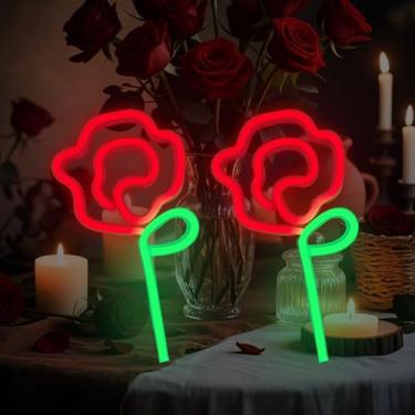 Imagem de Sinal de néon rosa - flor rosa vermelha com haste verde neon arte decoração de parede USB ou 3-AA alimentado por bateria para quarto de meninas, presente de aniversário, festa de casamento, luzes rosa