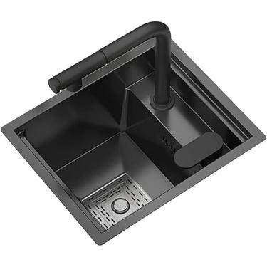 Imagem de Pia Oculta De Aço Inoxidável Com Barra De Tigela única Pia Pequena Com Tampa Pia De Vegetais Pia De Lavatório Com Torneira De Elevação Removível, Black, 40 * 44 * 22.5cm