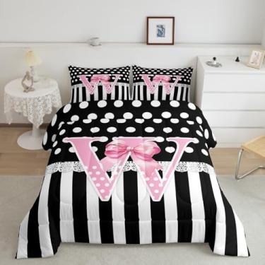 Imagem de jejeloiu Conjunto de edredom com laço rosa, tamanho solteiro, letra W, para meninos e meninas, edredom com pontos brancos, monograma, estilo princesa romântica, iniciais W, decoração, 2 peças com 1