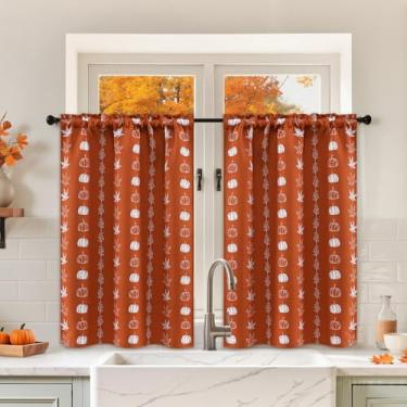 Imagem de Likiyol Cortinas de cozinha de outono, 91 cm, folhas de bordo de abóbora, cortinas de janela sobre a pia, bolso para varão de Ação de Graças, cortina de café de camada pequena para banheiro, quarto