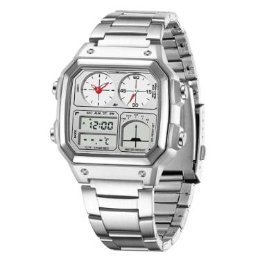 Imagem de FANMIS Relógios de pulso masculinos de luxo digital de quartzo à prova d'água com contagem regressiva de tempo duplo, cronômetro, luz de fundo, relógio multifuncional, Z, prata, branco