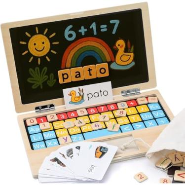 Imagem de Kinderland Toys Laptop de Madeira Educativo Infantil 11.8” | Brinquedo Interativo Montessori com Letras, Números, Cartões e Lousa | Brinquedo de Alfabetização e Cálculo para Crianças 3+ Anos