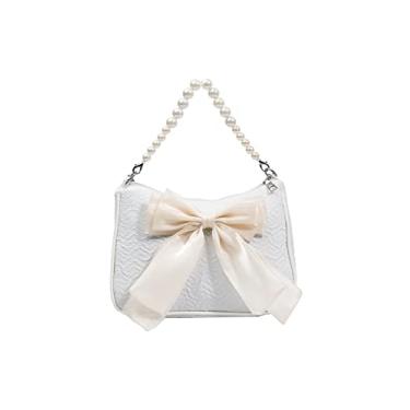 Imagem de YAQUNICER Bolsa tiracolo feminina com laço e corrente de pérola, bolsa pequena quadrada, Off-white, One Size
