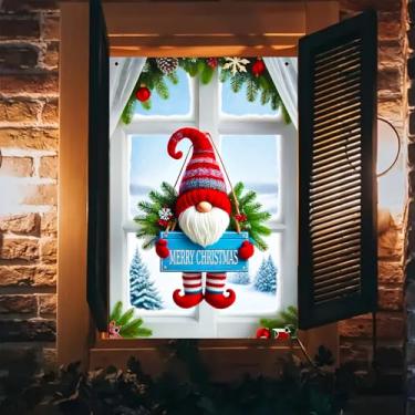 Imagem de BlissYard Capa de janela de Natal, faixa de gnomo de 78 x 128 cm com placa de Feliz Natal, vista de floresta de neve, painel de janela de férias, decoração de fundo para decoração interna para festa