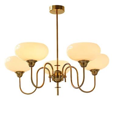 Imagem de BOKT Lustre vintage dourado moderno de globo de 5 luzes com abajur suave Sputnik luz pendente lustres de sala de jantar para sala de estar quarto