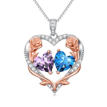 Imagem de Zoeniya Colar de coração rosa para mulheres banhado a ouro branco 18 k 12 meses com pedra do mês de nascimento, presente de aniversário e Natal para sua esposa, namorada, 25mm, base, Zircônia cúbica