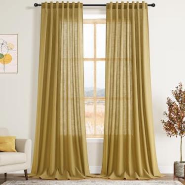 Imagem de Cortinas de linho douradas extralongas 300 cm para sala de estar, conjunto com 2 painéis, bolso para varão, filtro de luz, semitransparente, cortinas de janela de linho, privacidade, cortinas de teto
