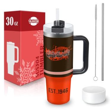 Imagem de Copo Cleveland de 850 g com alça e canudo, copo de carro, caneca de café, copo isolado 100% à prova de vazamento com tampa e canudo, feito de aço inoxidável, base compatível com porta-copos, presentes
