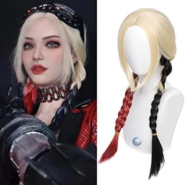 Imagem de Peruca loira longa com perucas entrelaçadas vermelhas e pretas rabos de cavalo, rabos de cavalo, fantasia de cosplay de Halloween feminina 2021