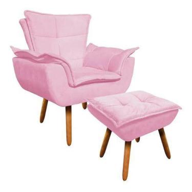 Imagem de Kit Poltrona + Puff Opala Decorativa Suede Rosa Bebê - King Lar