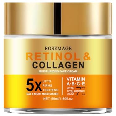 Imagem de Creme de retinol para rosto com ácido hialurônico, creme antienvelhecimento para mulheres e homens, hidratante de colágeno diurno e noturno para minimizar rugas, ressecamento