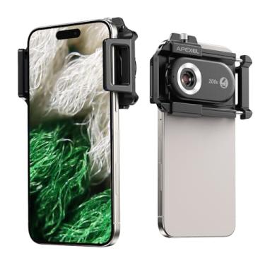 Imagem de APEXEL Lente de microscópio para telefone, telefone micro micro série 5 200X para Android/iPhone com luz LED/CPL/clipe universal, mini microscópio de bolso, acessório de câmera de smartphone para
