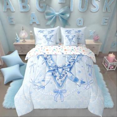 Imagem de Erosebridal Conjunto de edredom para meninas, 7 peças, lençol casal com laço azul e floral, fofo, letra V, laço estético, para meninas, conjunto de edredom para namorada/mãe/irmã (V)