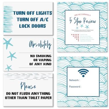 Imagem de Quzzil 5 placas essenciais para anfitriões Wifi com senha para casa ou empresa, não fumar, desligar luzes, não lavar no banheiro, ímã de solicitação de avaliação de aluguel de férias para hóspedes