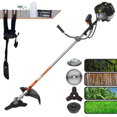Imagem de Máquina de Cortar Grama Terra GRH-430 À Gasolina 2T 43cc 1,7HP 6.500rpm Roçadeira Com Carretel + Faca 3 Pontas + Faca 40 Dentes Vídea + Escova de Aço