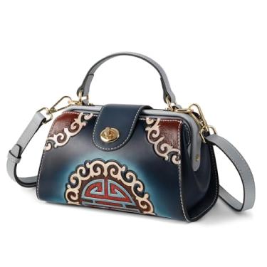Imagem de ZHIYONG Bolsa de ombro de couro para mulheres, couro legítimo, bolsa de grande capacidade feita à mão com fecho seguro, transversal e uso portátil, padrão de porcelana azul escuro