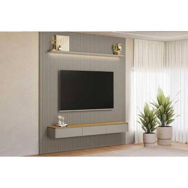 Imagem de Rack Bancada C/ Painel P/ Tv Até 90 Pol Modular 2.6 Ripado 2 Portas 1 Prat. 258x250cm Tauari/gris Fosco - Linea Brasil