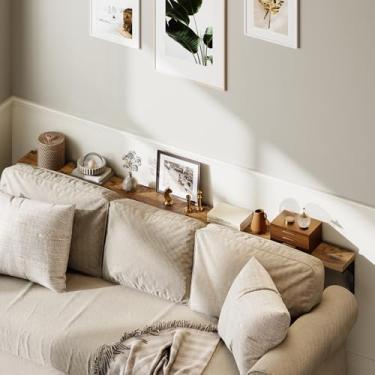 Imagem de YATINEY Mesa de console longa estreita de 150 cm, mesa de sofá atrás do sofá montada na parede, prateleiras flutuantes de mesa de entrada para sala de estar, entrada, corredor, rústico, marrom e preto