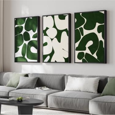 Imagem de Arte de parede abstrata grande emoldurada verde e branca para sala de estar, conjunto de 3 pinturas minimalistas em tela para paredes, imagens modernas de meados do século para entrada, decoração de