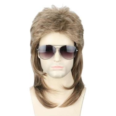 Imagem de Topcosplay Peruca de tainha dos anos 80, longa, reta, masculina, fantasia de Halloween, peruca punk rocker (marrom misto)