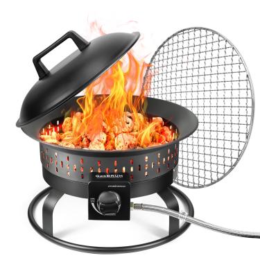 Imagem de GasBRUH Fogueira portátil de propano de 48 cm com grelha de churrasqueira, tampa e alça de transporte, lareira, fogueira de propano de 60.000 BTU, fogueira a gás portátil para pátio externo