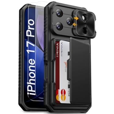 Imagem de Vihibii Capa para iPhone Pro com [2 protetores de tela], suporte de cartão embutido (4 cartões), [bloqueio RFID] e capa de câmera deslizante e películas de vidro temperado, capa carteira robusta para