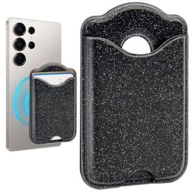 Imagem de Fjcdslwx compatível com carteira magnética Magsafe - Carteira preta com glitter para celular série Galaxy S25, iPhone 17/16/15/14/13 para mulheres adolescentes e meninas para Apple Mag, ímã RFID