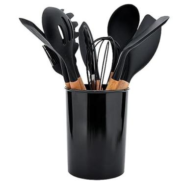 Imagem de Colher De Silicone Com Cabo De Madeira - Kit 12 PeçAs UtensíLios Premium | NãO Risca Panelas Antiaderentes | Presente Para Chá De Panela(PRETO)