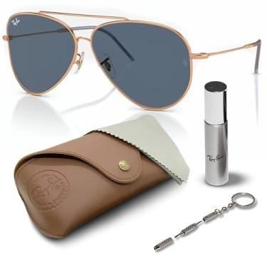Imagem de Ray-Ban Óculos de sol RBR0101S AVIATOR REVERSE em forma de piloto com kit oficial de óculos, Armação de ouro rosa polido | Lente azul, 62 mm