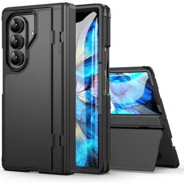 Imagem de Capa para Galaxy Z Fold 7 com suporte invisível e protetor de tela, proteção de dobradiça [S Pen não incluída], suporta carregamento sem fio, capa rígida com textura antiderrapante para Galaxy Z Fold