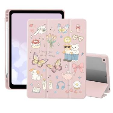 Imagem de Kawaii Girls Preppy Capa para iPad 5ª/6ª geração (2017/2018), para iPad Air/Air 2 de 9,7 polegadas com suporte para lápis, suporte de três dobras, capa feminina de couro rosa, capa traseira