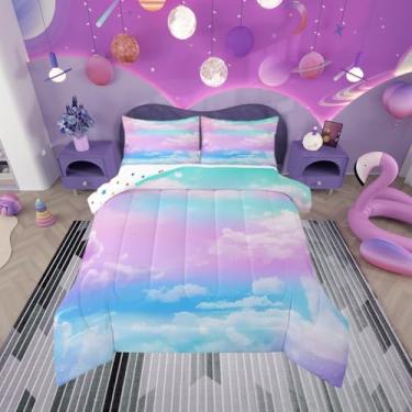 Imagem de jejeloiu Jogo de cama casal com céu nublado, arco-íris, para meninos, meninas, adolescentes, respirável, macio, leve, microfibra, ombré, céu estrelado, decoração de quarto, edredom