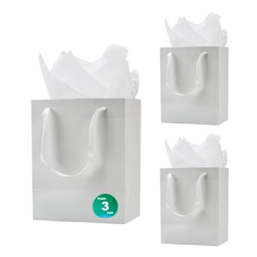Imagem de Aosric Pacote com 3 sacos de presente brancos 20 x 12 x 25 cm com papel de seda – Sacos de presente boutique médios resistentes e reutilizáveis com alças de fita para livros, perfume, lembrancinhas de