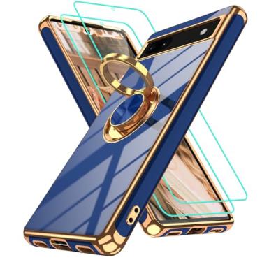 Imagem de Gritup Capa para Google Pixel 6A com 2 peças de protetor de tela | Suporte magnético de rotação de 360° | Revestimento dourado macio TPU protetor básico para celular Pixel 6A azul