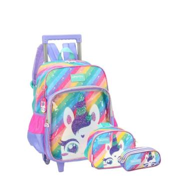 Imagem de Kit Escola Unicórnio Luxo Mochila Rodas Lancheira Estojo Ll