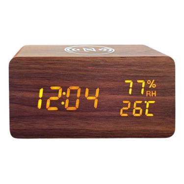 Imagem de Relógio De Mesa Madeira Carregador Por Indução Escritório - Relogio de