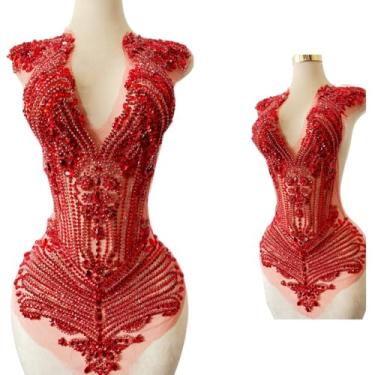 Imagem de Aplique de corpete de contas feitas à mão em malha costurada em strass lantejoulas remendos radiantes para festa de casamento, vestido de noite, acessórios faça você mesmo, 78 x 30 cm (vermelho)