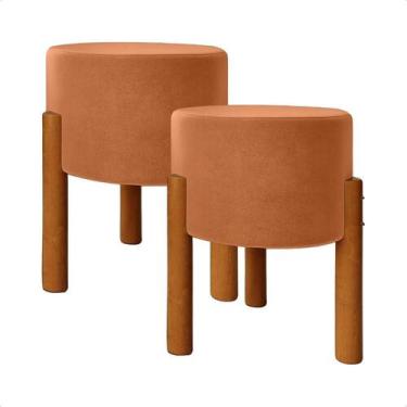 Imagem de Kit 2 Puffs Redondo De Veludo Pés Madeira Terra Cota - LOJAS BILIVA DE